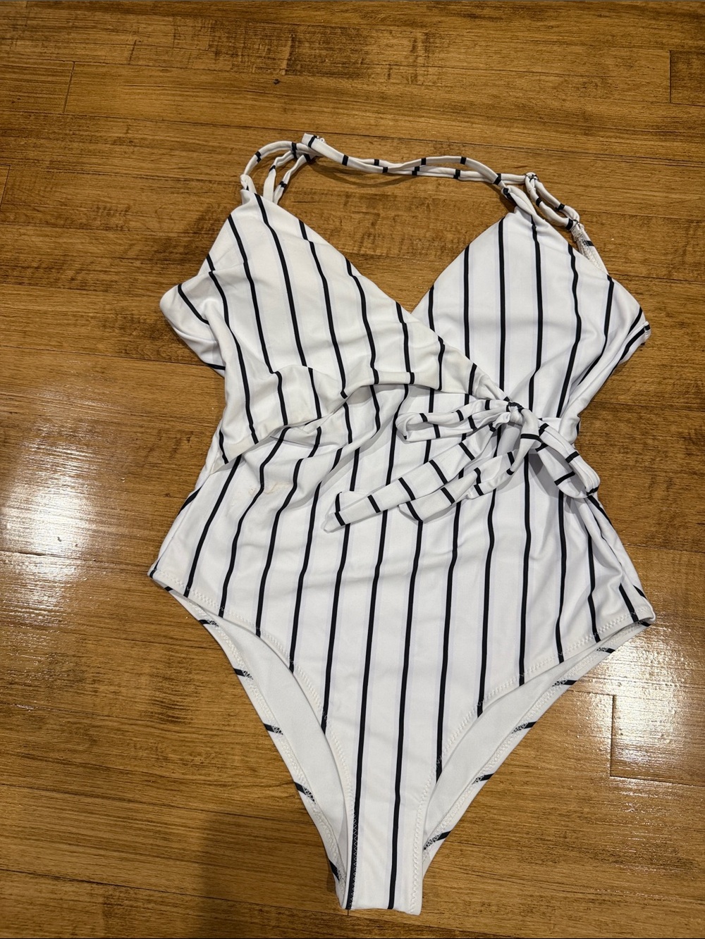 Striped Wrap One-Piece Swimsuit - White with Black Stripes